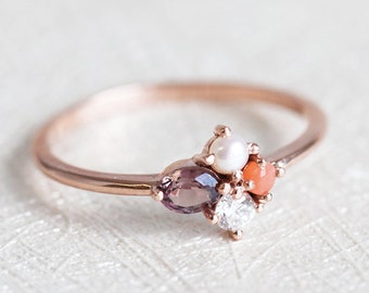 Mom Ring, June ring, April Ring, Birthstone engagement Ring, Mini cluster ring, Pearl Ring, Diamond Ring, Sapphire Ring, 14k Rose Gold Ring