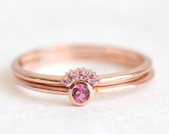 Rose gold Pink Tourmaline Ring With Curved Pink Sapphire Stacking Band Rose Gold Wedding Ring Set for Her Pink Engagement Ring Set