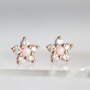 Tiny Flower Stud Earring, Diamond Earrings as Diamond Flower Earrings, Opal Diamond Stud Earrings in 14k Rose Gold image 1