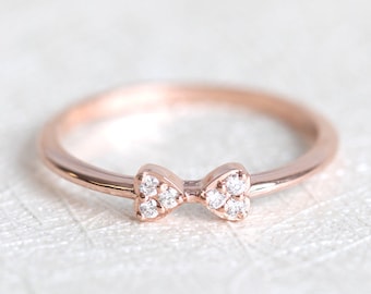 Rose Gold Bow Ring Diamond Ring with Cute little Bow, Dainty Ring in rose gold, perfect stacking ring in 14k 18k rose white and yellow gold