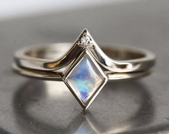 Moonstone Ring Set in 14k or 18k Solid Gold with Diamond Curved Matching Band, Engagement Ring Set