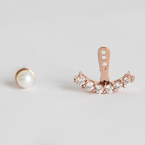 Pearl & Diamond Ear Jacket, Single Stud Earring in 14k Solid Gold, Special Stud Earrings For Women image 3