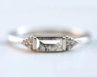Salt and Pepper Diamond Ring, Engagement Diamond Ring, Galaxy Diamond Engagement Ring, Baguette Diamond Ring