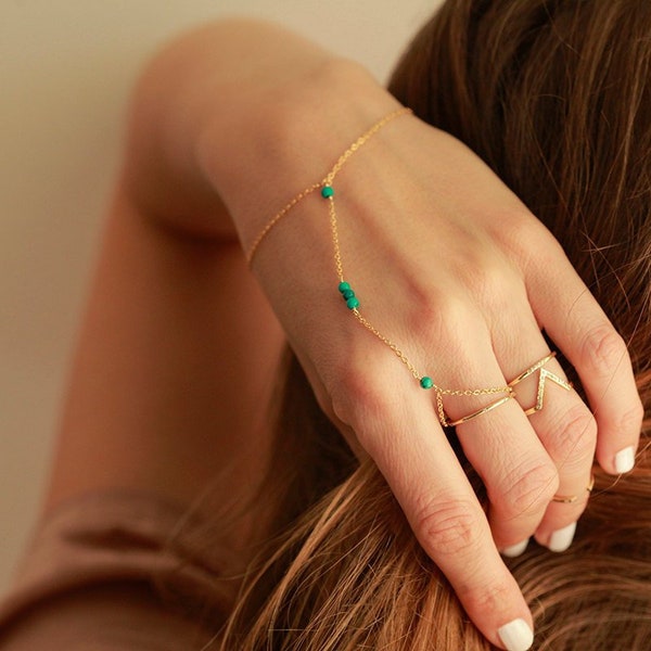 Bracelet esclave en or, bracelet à doigt turquoise, chaîne à main en argent, bracelet à doigts en pierre précieuse, bracelet Boho