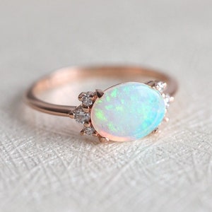 Opal engagement ring, Australian opal cabochon ring, October birthstone ring, Rose gold diamond ring