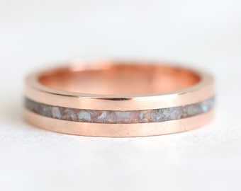 Mens Band Rose Gold, Rose Gold Opal Band, 14k Rose Crushed Opal Ring, Inlay Ring