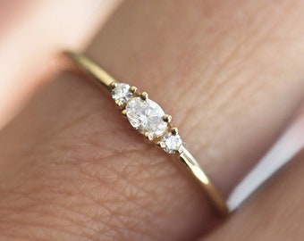 Diamond engagement ring, Oval natural ring, Small three stone ring, Dainty petite ring