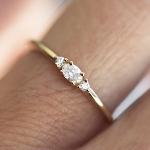 Diamond engagement ring, Oval natural ring, Small three stone ring, Dainty petite ring