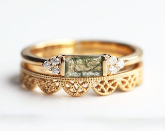 Moss agate ring set, Green gemstone ring, Baguette ring, Side diamonds or moissanites