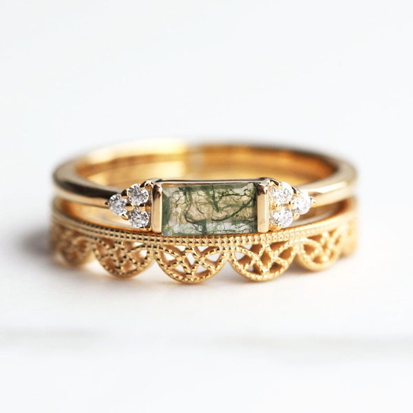 Moss agate ring set, Green gemstone ring, Baguette ring, Side diamonds or moissanites