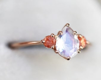 Moonstone engagement ring, Sunstone ring, Pear cut stone ring, Three stone ring, Blue & orange ring