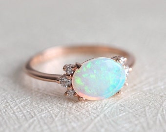 Opal engagement ring, Australian opal cabochon ring, October birthstone ring, Rose gold diamond ring