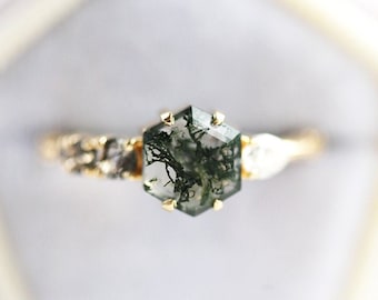 Unique hexagon moss agate engagement ring, hexagon cluster ring, moss agate cluster, rutile quartz ring