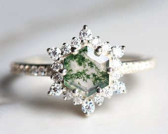 Snowflake Moss Agate Ring, Hexagon Moss agate Engagement Ring, Halo Diamond engagement Ring