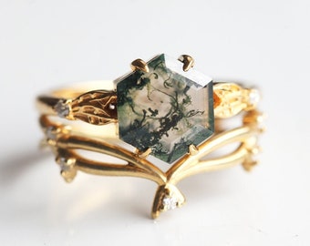 Engagement ring set, Moss agate & diamond set, Unique twig ring, Gold leaf bridal set, Green ring