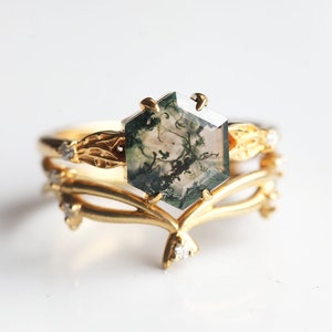Engagement ring set, Moss agate & diamond set, Unique twig ring, Gold leaf bridal set, Green ring