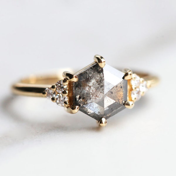 Salt and pepper diamond ring, Galaxy engagement ring, Hexagon geometric grey ring