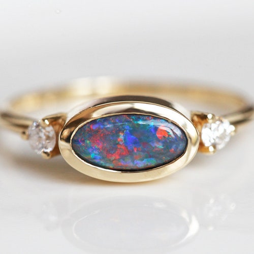 Black Opal Ring Blue Opal Diamond Ring 14k Yellow Gold Opal - Etsy