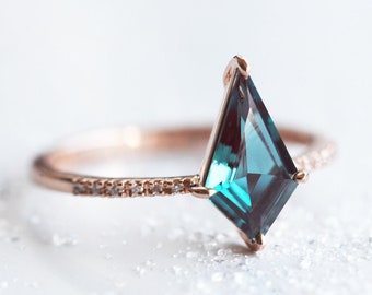 Kite alexandrite & diamond engagement ring, Blue purple geometric ring, Color change gemstone ring