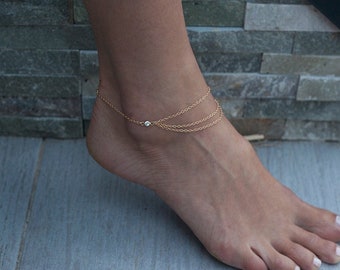 Cz diamond anklet, Gold layered anklet, Rose gold anklet, Cubic zirconia anklet, Delicate foot bracelet