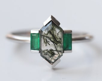 Moss agate & emerald engagement ring, Hexagon green agate ring, Unique modern geometric ring