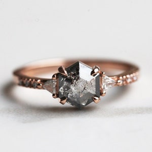 Salt & pepper diamond ring, Galaxy diamond engagement ring, Hexagon rose gold ring, Gray diamond ring image 3