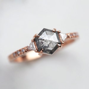Salt & pepper diamond ring, Galaxy diamond engagement ring, Hexagon rose gold ring, Gray diamond ring