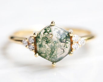 Moss agate engagement ring, Hexagon ring, Green gemstone ring, Geometric diamond ring