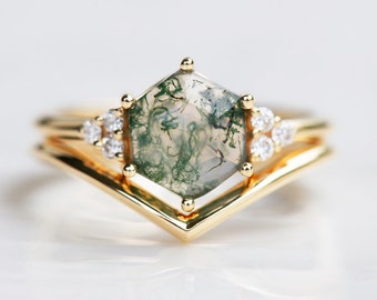 Moss agate engagement ring set, Geometric hexagon ring, Chevron wedding band, Side diamond set