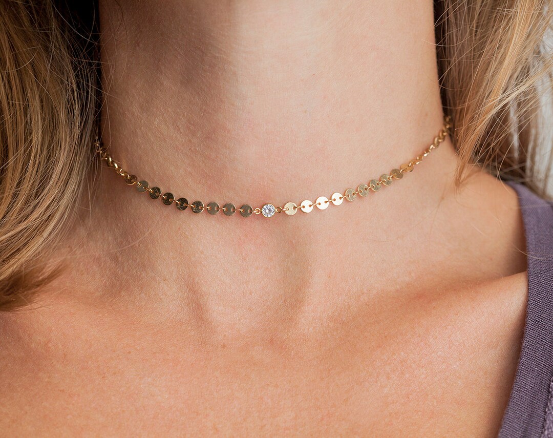 Gold Coin Choker, Cz Diamond Necklace, Disc Chain Choker, Silver