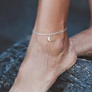 Moon Anklet • Double Strand • Crescent Charm • Gold Filled, Sterling Silver or 14k Gold • Adjustable Foot Bracelet