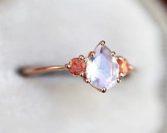 Moonstone engagement ring, Sunstone ring, Pear cut stone ring, Three stone ring, Blue & orange ring