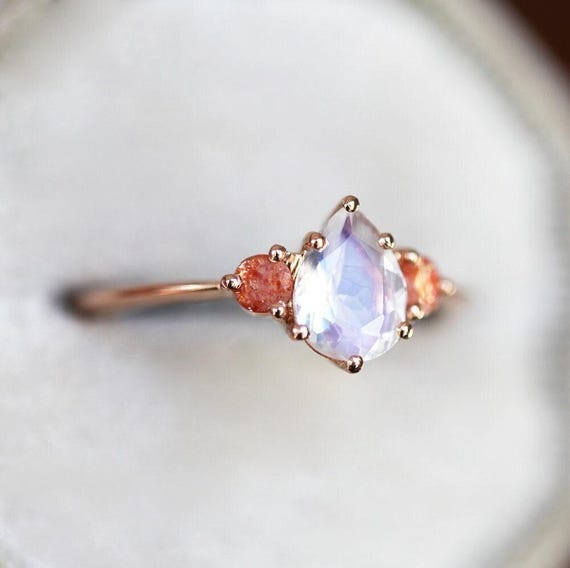 Moonstone engagement ring, Sunstone ring, Pear cut stone ring, Three stone ring, Blue & orange ring