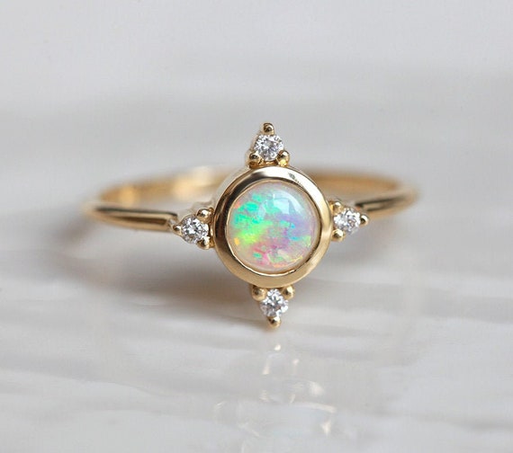 Australian Lightning Ridge Opal Ring-Gold - With Diamonds