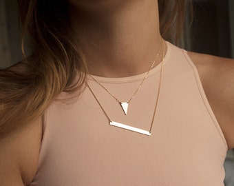 Gold personalized necklace, Layered set, Rose gold bar necklace, Simple name & triangle necklace