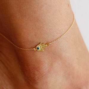 Fotlänk, Hamsa-fotlänk, Hamsa-handfotlänk, armband, Hamsa-fotlänk med liten blå sten, Silverfotlänk