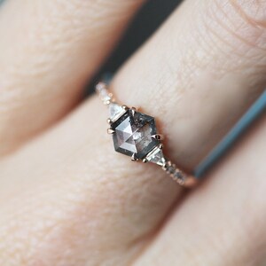 Salt & pepper diamond ring, Galaxy diamond engagement ring, Hexagon rose gold ring, Gray diamond ring image 2