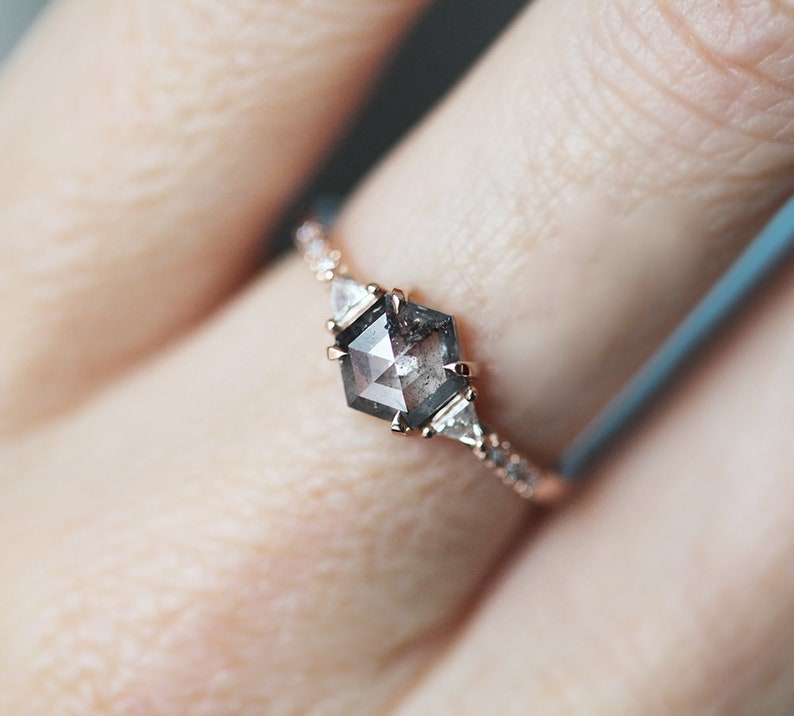 Salt & pepper diamond ring, Galaxy diamond engagement ring, Hexagon rose gold ring, Gray diamond ring image 2