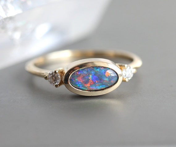 Black Opal Ring Blue Opal Diamond Ring 14k Yellow Gold Opal | Etsy