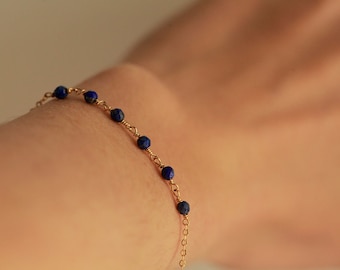 Lapis lazuli bracelet, Thin gold bracelet, Dainty gemstone bracelet, Simple blue beaded bracelet