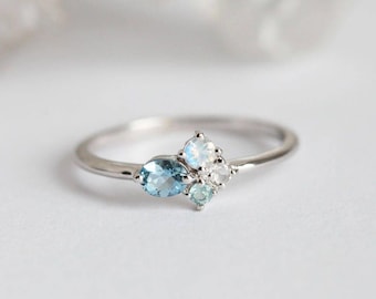 Aquamarine Ring • Moonstone Accents • Minimalist Gold Ring • Unique Gemstone Ring • Gifts for Her