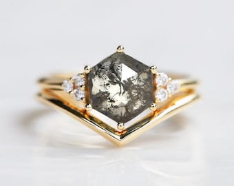 Salt and Pepper Diamond Ring Set, Diamond Engagement Set, Hexagon Galaxy Diamond Ring Set, Hexagon Salt & Pepper Diamond Set