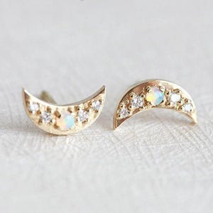 Moon Crescent Earrings, Moon Studs, Diamond Earrings, 14k Gold Earrings, Rose Gold, Opal Jewelry, Dainty, Crescent Stud Earrings, 18k Gold