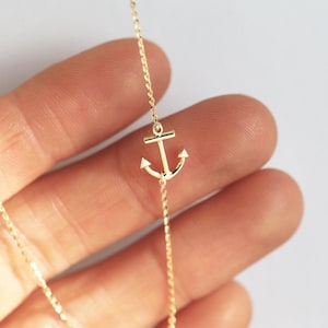 Sideways anchor necklace, 14k solid gold necklace, Small sideways charm necklace, Rose gold necklace