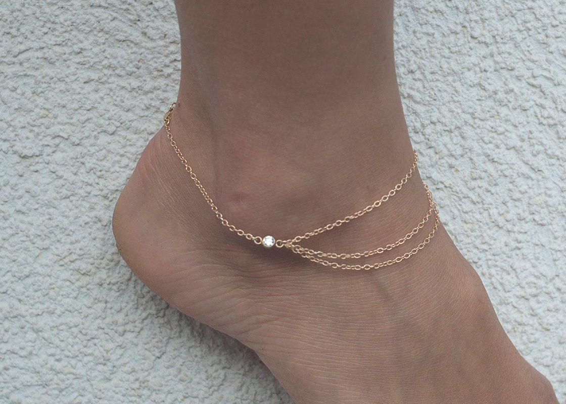 Cz Diamond Anklet Gold Layered Anklet Rose Gold Anklet Etsy