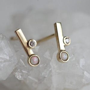 Diamond Earrings, Opal Earrings, Bar Earring, Line Studs, Wedding Earrings, Bar Stud Earrings, Stick Studs, 14k Gold, Geometric Jewelry