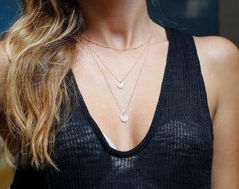 Conjunto de collar y pendientes de oro rosa de 14k, collar de oro rosa de varias capas, conjunto de collares con discos para combinar, collares personalizados