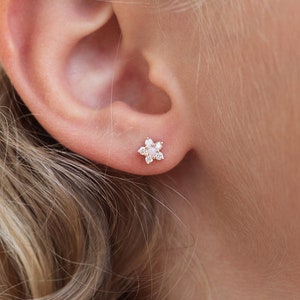 Tiny Flower Stud Earring, Diamond Earrings as Diamond Flower Earrings, Opal Diamond Stud Earrings in 14k Rose Gold image 3