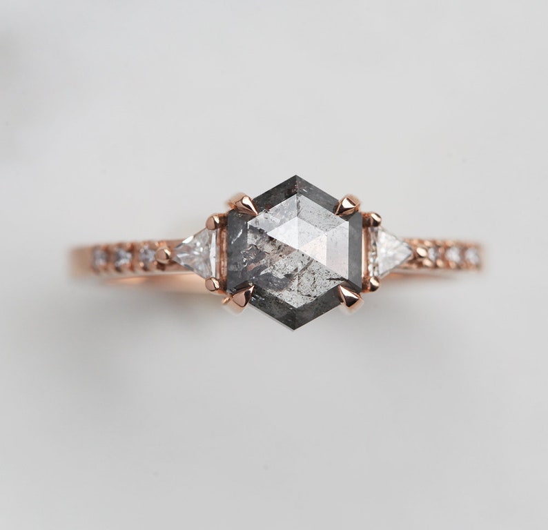 Salt & pepper diamond ring, Galaxy diamond engagement ring, Hexagon rose gold ring, Gray diamond ring image 7