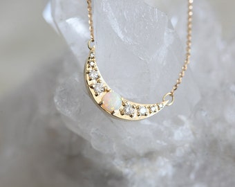 Yellow Gold Moon Necklace, Diamond Crescent Opal Necklace, Gift For Mom, Wife, Girlfriend Bohemian Solid Gold Necklace